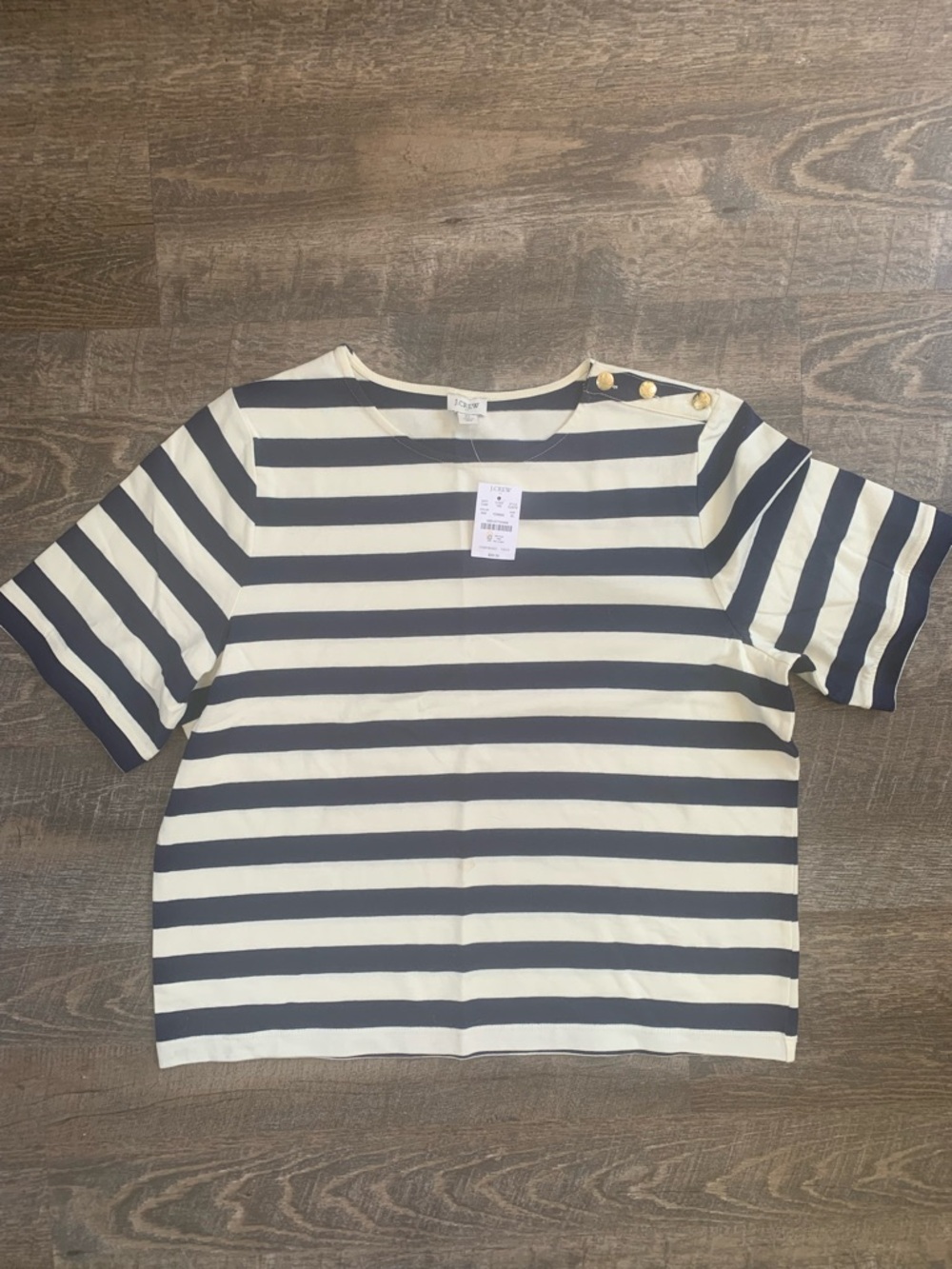 J. Crew Navy and Cream Striped Tee with Boatneck and Three Gold Buttons